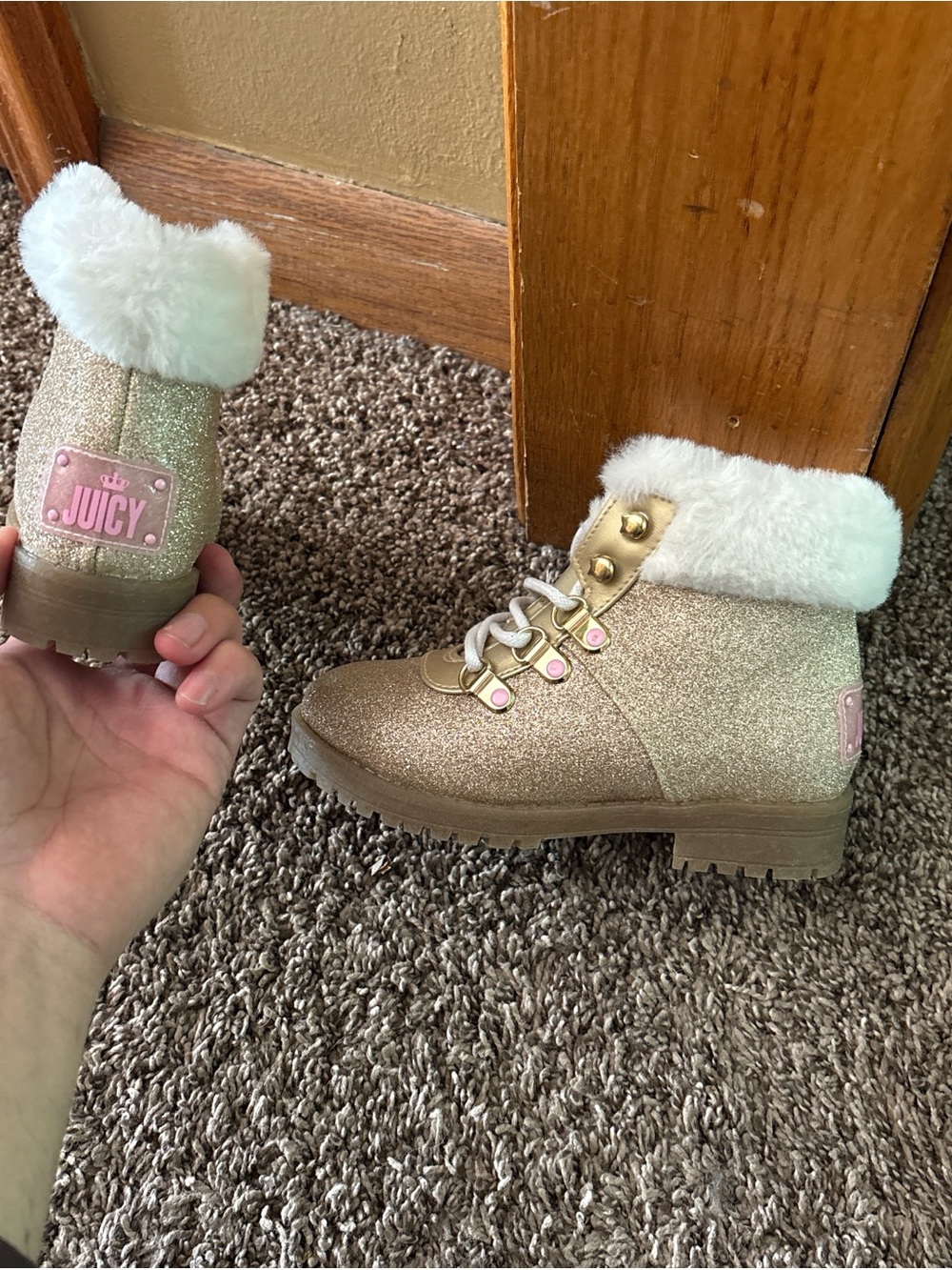 Juicy Couture Gold Glitter Faux Fur Hiker Boots with Pink Logo new no box